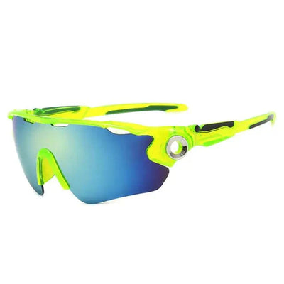 UV400 polarized shades with green frame and blue tinted lenses for glare-free vision and superior UV protection