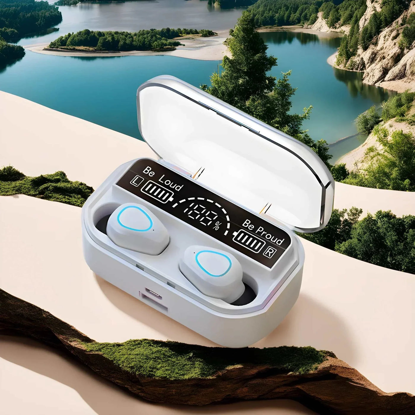 Wireless Bluetooth 5.2 HD stereo headset earbuds in white charging case with digital battery display against natural landscape background
