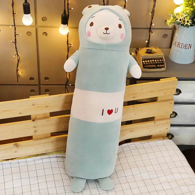 Large plush transforming animal pillow in pastel blue with cute bear face and "I love U" message, perfect for cuddling and home decor.