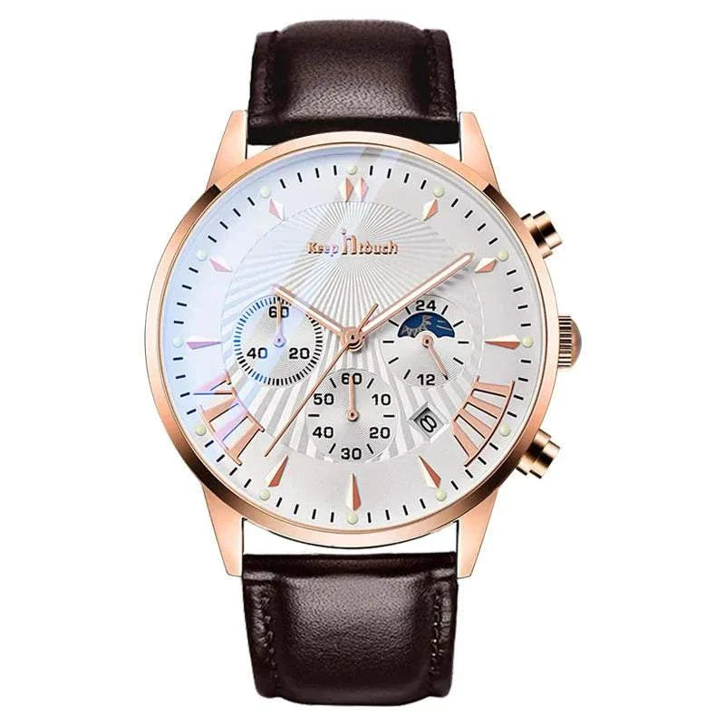 Mens sports watch with brown leather strap, rose gold case, and multi-function dial displaying time, date, and 24-hour indicator