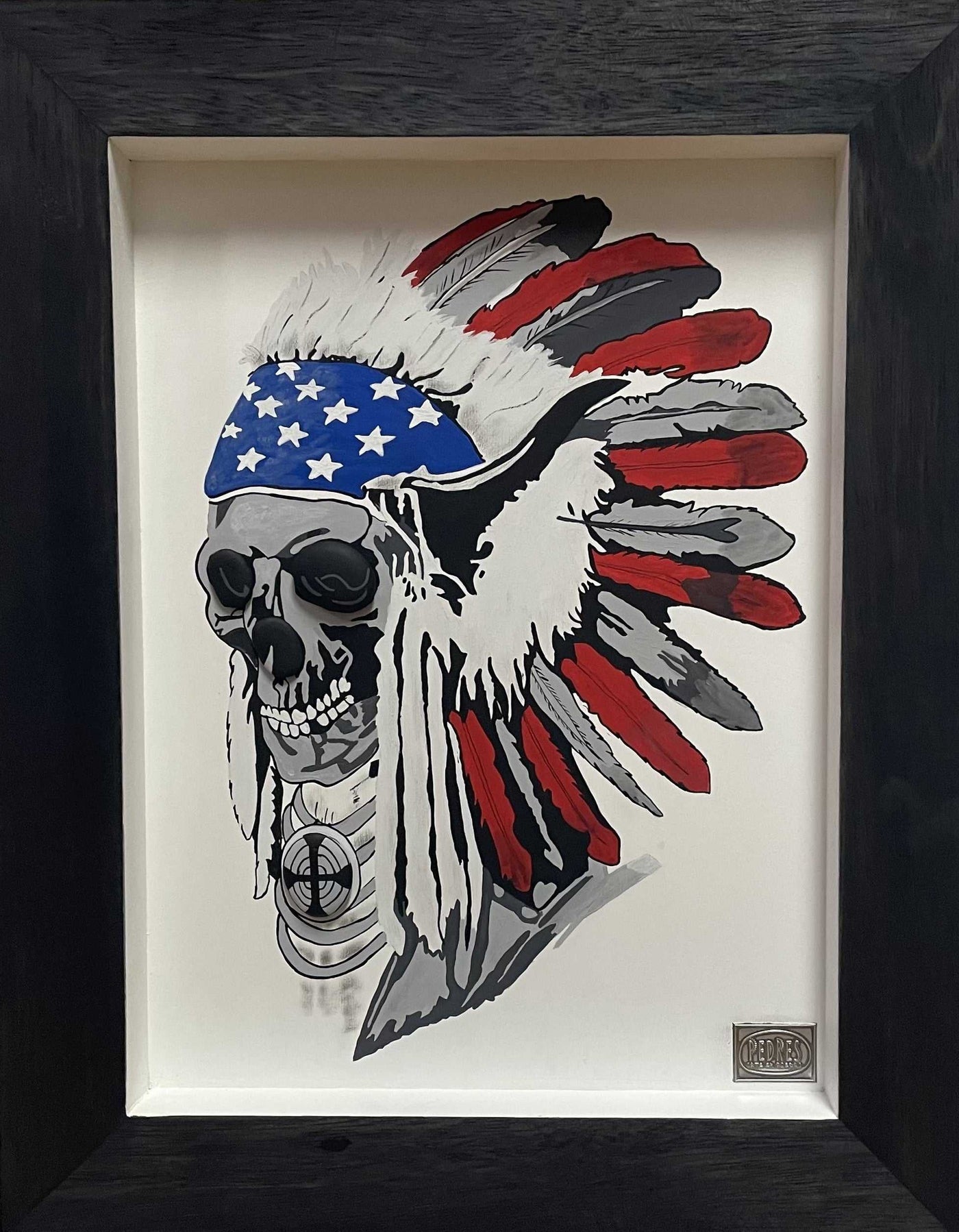 Native American skull artwork with feathered headdress in patriotic colors framed wall art