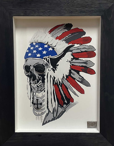 Native American skull artwork with feathered headdress in patriotic colors framed wall art