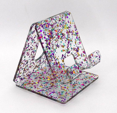 Global Phone Stand Multi Colored confetti-patterned acrylic design, fits most smartphones, durable and easy to maintain.