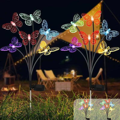 Colorful Solar LED Butterfly and Bee Firefly Garden Lights illuminating outdoor space at night with multiple heads and eco-friendly design