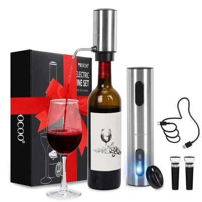 Electric stainless steel wine opener set with rechargeable corkscrew, foil cutter, vacuum stoppers, and aerator pourer for effortless wine opening and pouring.