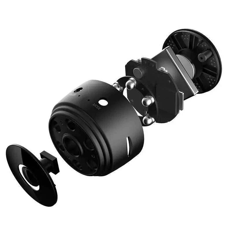 Mini wireless hidden camera with 1080P HD, night vision, 90-degree wide-angle, magnetic base, USB charging, and WiFi IP home security DVR.