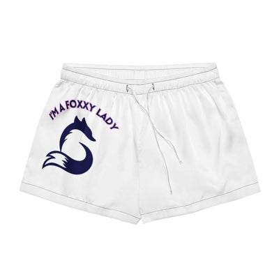 White women's pajama shorts with "I'm a Foxxy Lady" text and fox graphic, silky fabric, relaxed fit, adjustable drawstring.