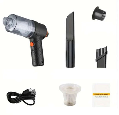 Collection of car vacuum cleaner parts including handle, nozzles, and USB cable on a white background.