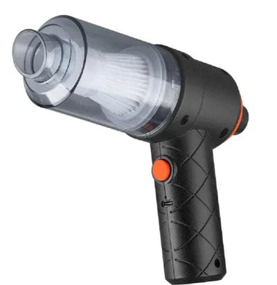 Compact black and transparent mini car vacuum cleaner with orange button and cordless design for portable cleaning.